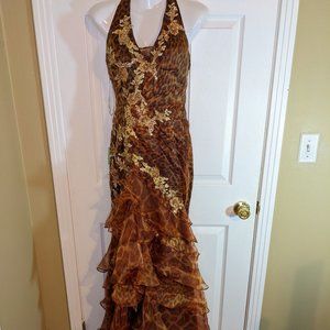 Jasz Couture Leopard Beaded Ruffled Tiers Halter Maxi Dress - size 2 NWT